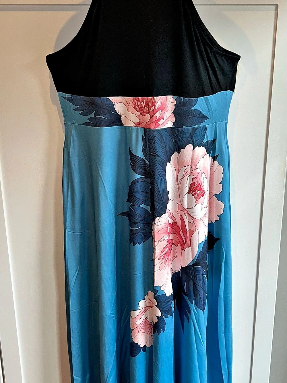 Blue and Black Maxi Dress with Floral Design